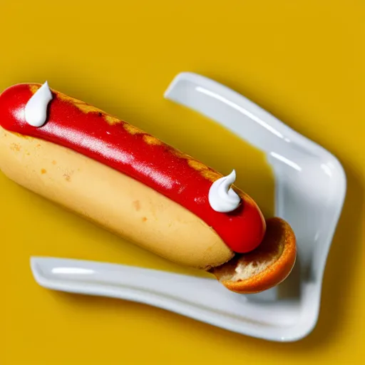 Prompt: promotional photo of an ice cream with hot dog taste, mustard, ketchup, relish,