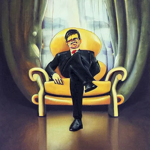 Image similar to a rich business man sitting in a big chair with a smirk, futuristic, by francisco pradilla y ortiz