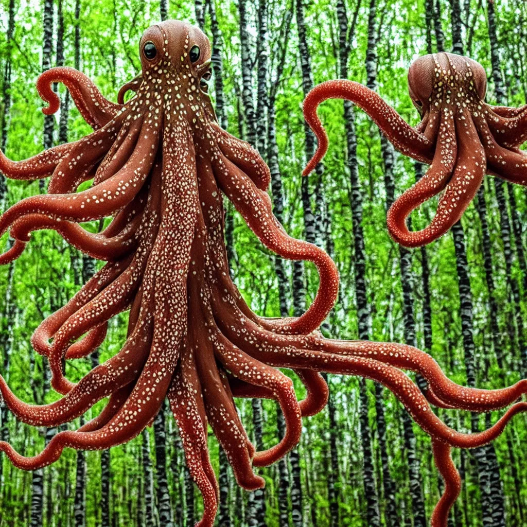 Prompt: excited huge camouflaged terrestrial octopus stalking you as it's prey in birch forest