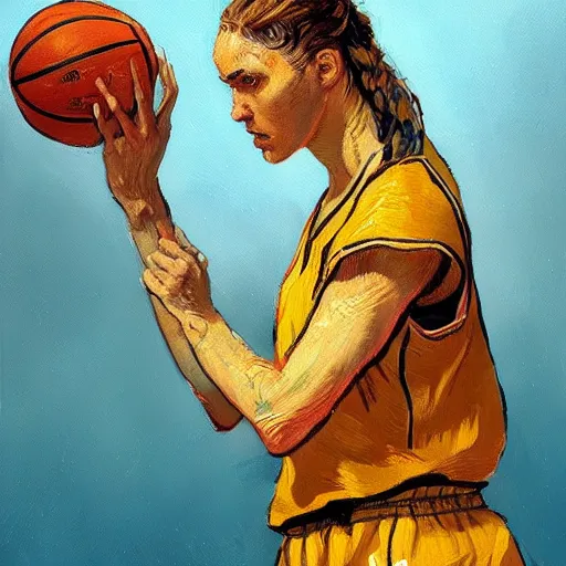 Prompt: painting of an woman basketball player, a van gogh style, greg rutkowski, artstation