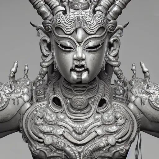 Image similar to naraka Buddhist demon korean female, highly detailed, symmetrical long head, smooth marble surfaces, detailed ink illustration, raiden metal gear, cinematic smooth stone, deep aesthetic, concept art, post process, 4k, carved marble texture and silk cloth, latex skin, highly ornate intricate details, in the style of 88grzes