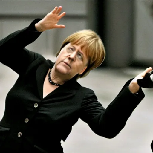 Prompt: Dramatic action shot of Angela Merkel fighting Neo in the matrix movie