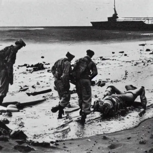 Image similar to 1940s photo, long shot, 5 soldiers looking at a huge creature washed up on a beach