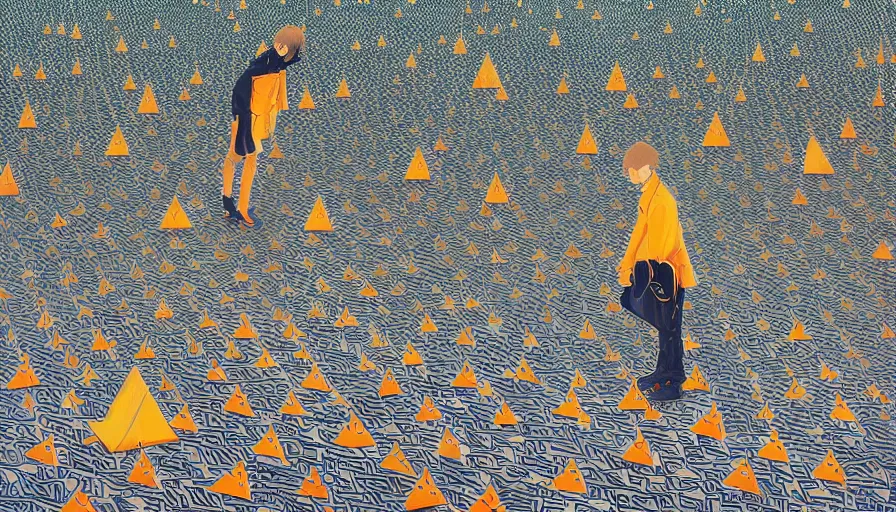 Image similar to safety cones scattered around an oak tree forest, checkered floor, by james jean by ilya kuvshinov kintsugi, hyper detailed surrealist painting