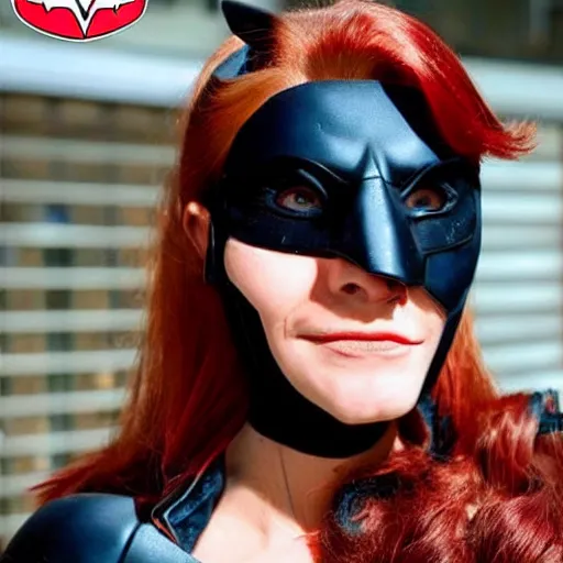 Image similar to Barbara Gordon with her Batgirl mask off gorgeous face and dark red hair with her Superhero outfit half unzipped 8k ultra realistic