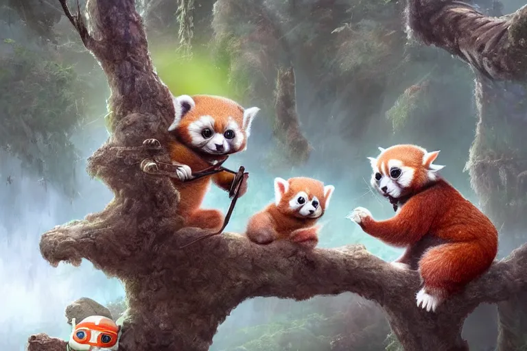 Prompt: an extremely cute red panda and baby-yoda sit on a lichen covered ancient bolder and sing songs and have a tea party, in the far background a hazy outline of a TIE fighter, mischievous, inquisitive, devious, hilarious, funny, by Tyler Edlin