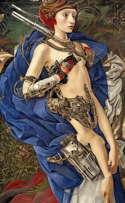 Prompt: beautifully painted mural of a cyborg prince in ornate royal armor, piercing glowing eyes, sci fi scenery, vogue cover poses, mural in the style of sandro botticelli, caravaggio, albrecth durer