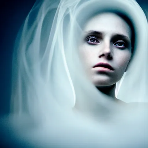 Image similar to portrait of a beautiful ghostly haunting female, depth of field, zeiss lens, detailed, symmetrical, centered, fashion photoshoot, by annie leibovitz and steve mccurry, david lazar, jimmy nelsson, breathtaking, 8 k resolution, extremely detailed, beautiful, establishing shot, artistic, hyperrealistic, beautiful face, octane render