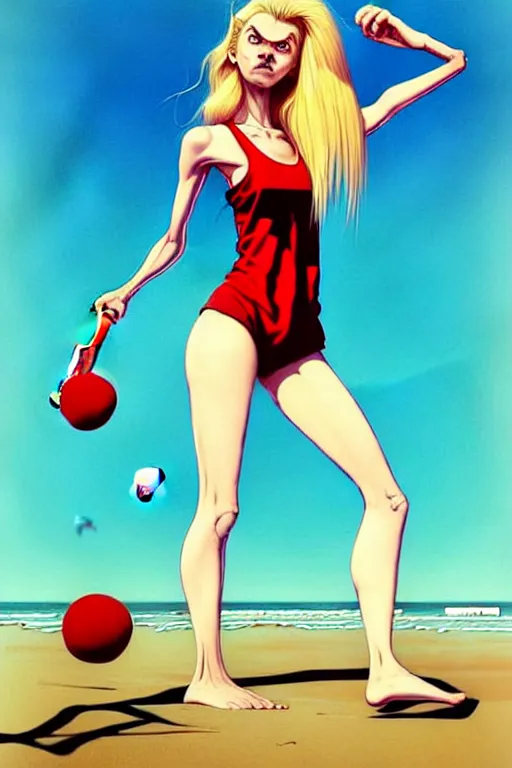 Image similar to Gediminas Pranckevicius, a gorgeous hulking beast of a woman with very long hip-length blonde hair, happy sunny day, wearing a cut-off white top and red rugged cut-off shorts standing by the water, beach tennis, in the style of artgerm and moebius and annie liebovitz, marvel comics, photorealistic, highly detailed, trending on artstation