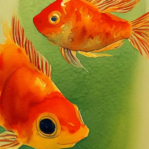 Image similar to watercolor painting of two mostly orange goldfish with white spot, by yusei nagashima, simple background, impressionist