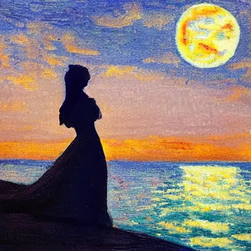 Prompt: of a full moon night, there is a silhouette of a perfect female girl by the window looking into the sea where you can see the refletion of the moon on the water, impressionist style