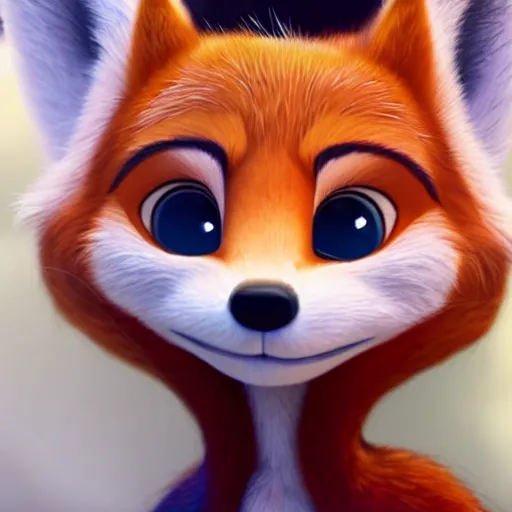 Prompt: portrait of anthropomorphic female fox with short white fur covering her body in the style of zootopia, centered on her face