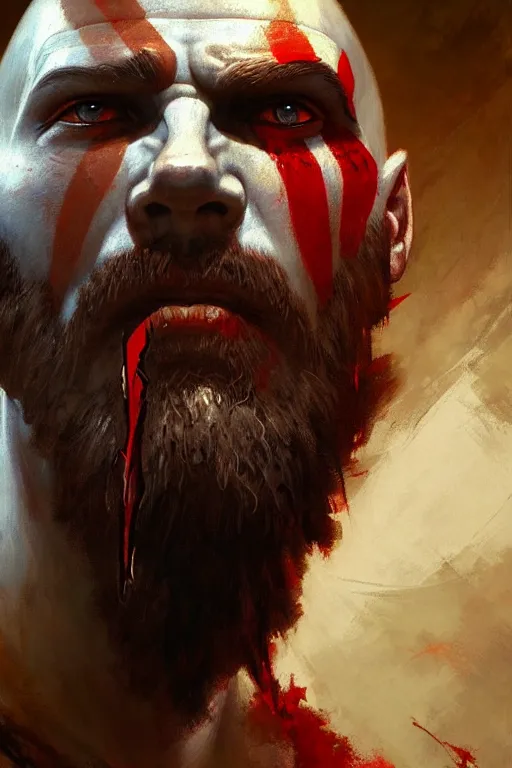 Image similar to god of war kratos half body detailed portrait dnd, abstract oil painting, brush strokes by gaston bussiere, craig mullins, greg rutkowski, yoji shinkawa