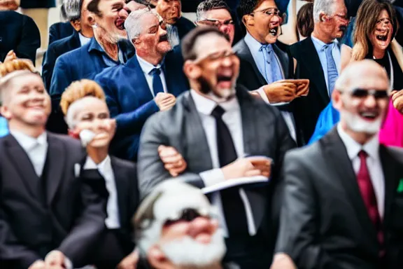 Image similar to a man laughing at a funeral while everybody else stares at him in disgust