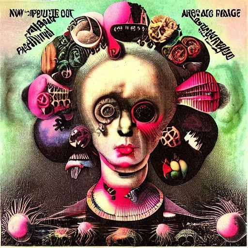 Image similar to post - punk new age album cover, asymmetrical design, dollar bank notes, capitalism, magic, apocalypse, psychedelic, black white pink, magic, giger h. r., giuseppe arcimboldo