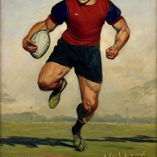 Image similar to handsome rugby player in a running pose, holding the rugby ball in his arm, full color painting by J.C. Leyendecker