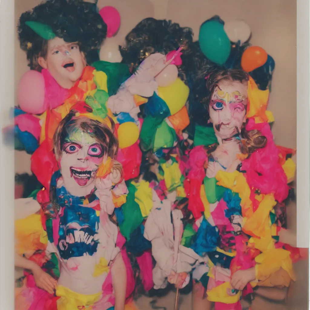 Image similar to a funny person wearing exaggerated makeup and colorful oversized garments, full body portrait, at a child's birthday party, polaroid