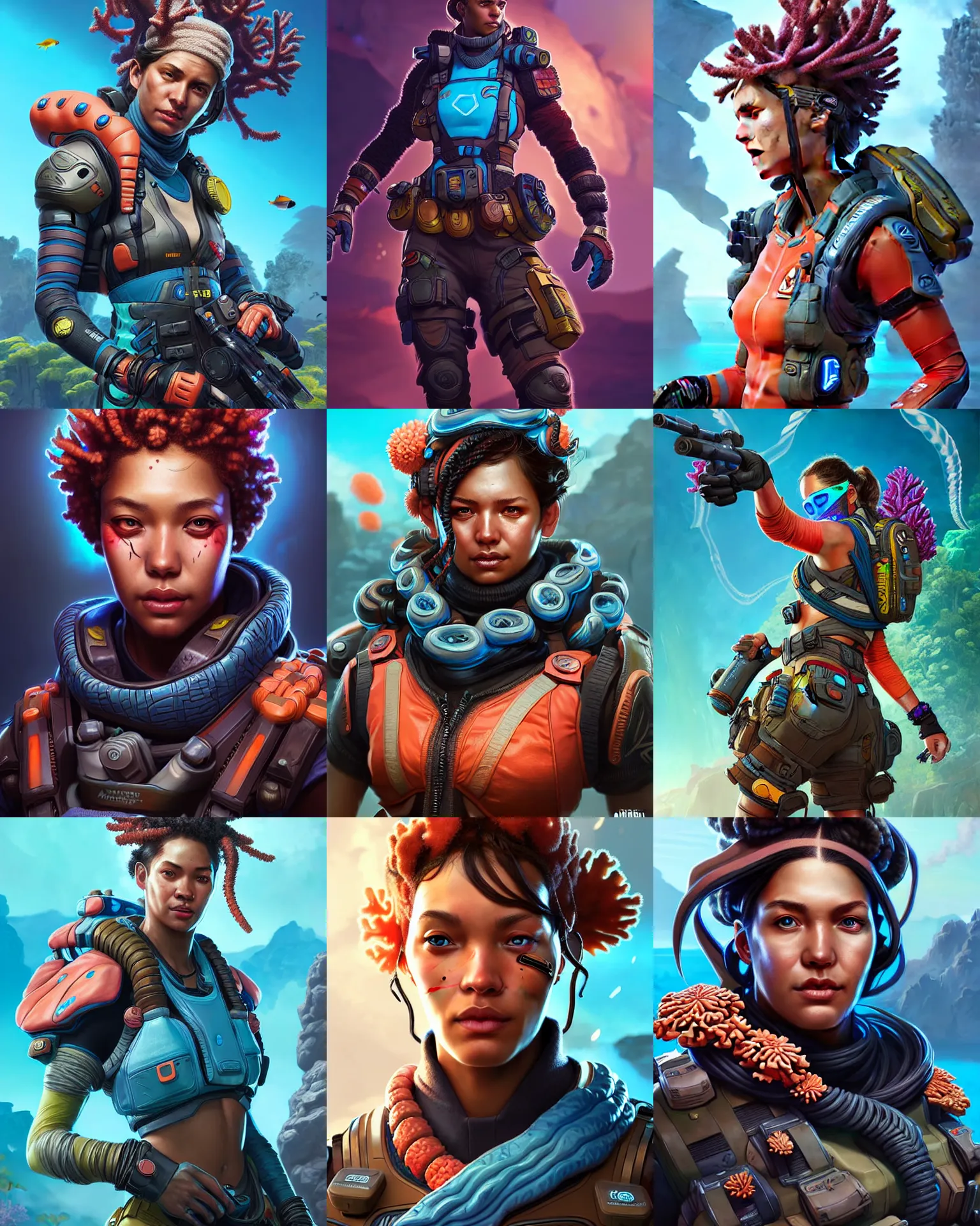 Prompt: coral reef as an apex legends character digital illustration portrait design by, mark brooks and brad kunkle detailed, gorgeous lighting, wide angle action dynamic portrait