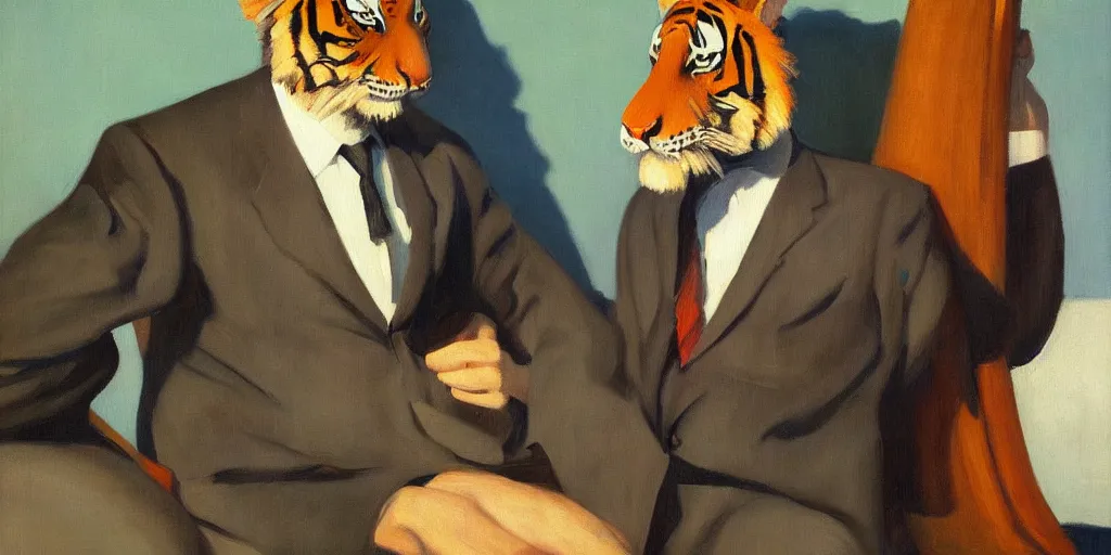 Prompt: a tiger in a suit, oil painting, by edward hopper