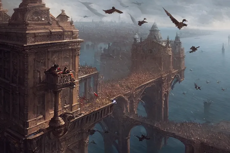 Image similar to people FLYING ON BIRDS, over the ocean, towards a GIGANTIC wall, protecting the city from black mist, cinematic, greg rutkowski, detailed, intricate