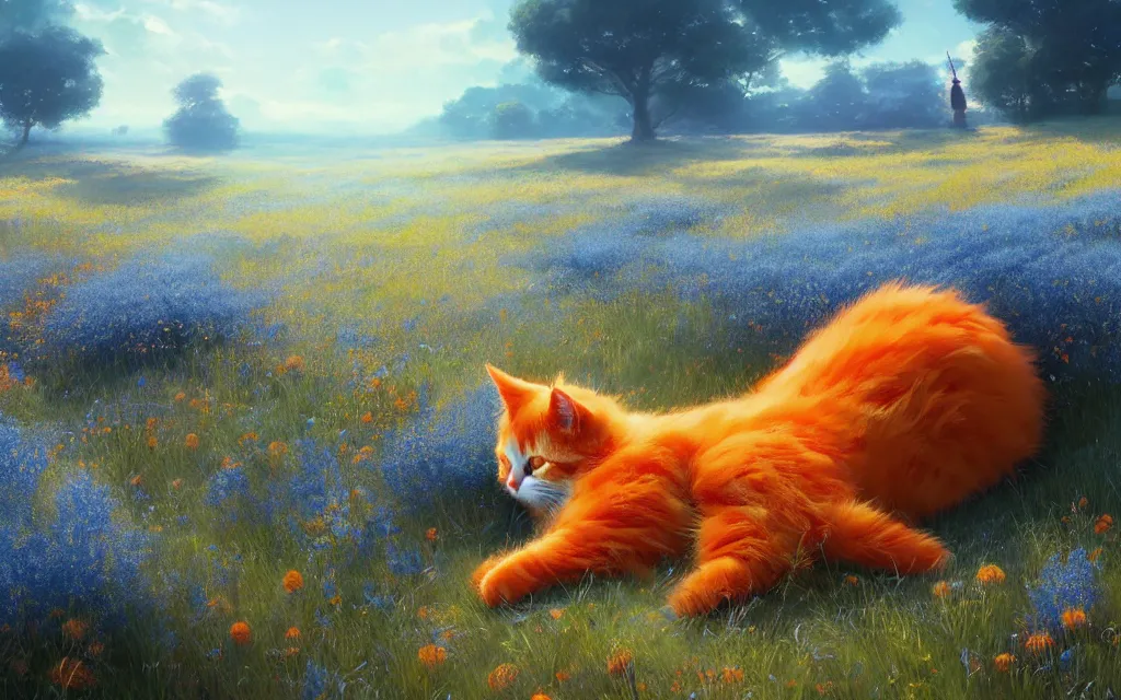 Image similar to fluffy orange cat sleeping in a field of blue flowers, matte painting, digital illustration, concept art, by makoto shinkai and ruan jia