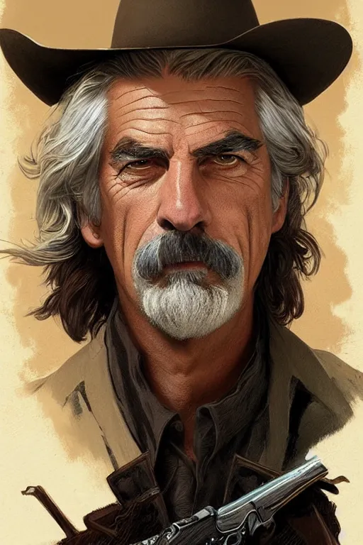 Image similar to portrait of sam elliott, western, gunslinger, duster, fantasy, intricate, elegant, highly detailed, digital painting, artstation, concept art, sharp focus, illustration, art by artgerm and greg rutkowski and alphonse mucha