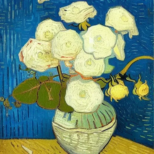 Prompt: atmospheric beautiful bouquet of white delicate pionoid rose in the sunny room of his beloved wife, wrote van gogh