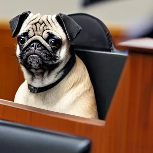 Image similar to a pug as a judge wearing a black robe, sitting behind the desk in court, slamming his gavel, angry looking