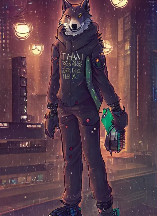 Image similar to character portrait of a male anthro wolf fursona with a tail and a cute beautiful attractive detailed furry face wearing stylish cyberpunk clothes in a cyberpunk city at night while it rains. hidari, color page, tankoban, 4K, tone mapping, Akihiko Yoshida. Nomax, Kenket, Rukis.