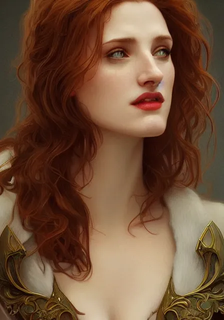 Image similar to sansa angeline jolie gessica chastain vampire teeth, intricate, elegant, highly detailed, digital painting, artstation, concept art, smooth, sharp focus, illustration, art by artgerm and greg rutkowski and alphonse mucha and william - adolphe bouguereau