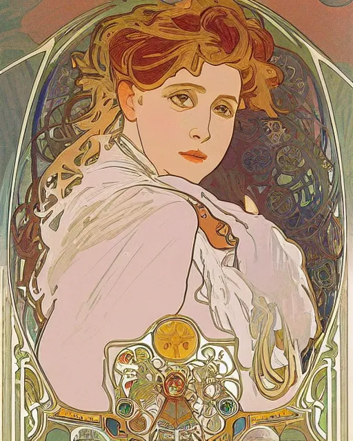 Prompt: painting alphonse mucha, the interior of the opera house, a singer in a white dress on a lighted stage, a palette of pastel colors