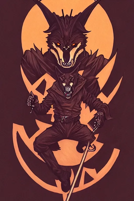 Image similar to concept art design illustration, halloween, werewolf, vampire, hunter, 1 6 colors, logo, ink drawing, art by jc leyendecker and sachin teng