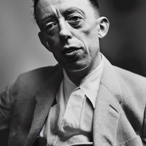 Image similar to 8k black and white photograph portrait of Albert Camus sticking his tongue out. National Geographic.