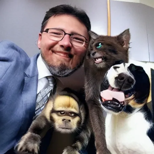 Image similar to Dog, cat and monkey in suits taking selfie.