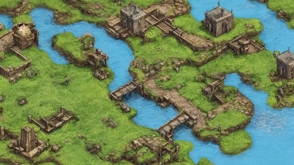Prompt: dnd tactical isometric battlemap of a medieval river crossing, isometric, 3 d, natural lighting, volumetric lighting, global illumination, digital matte painting