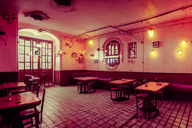 Image similar to old belarussian cafe, vaporwave colors, state of melancholy, romantic, dimmed lights, realistic