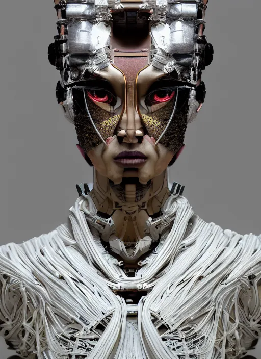 Prompt: close up portrait of a futuristic geisha cyborg, in the style of ghost in the shell, kintsugi, modern fine art, fractal, intricate, elegant, highly detailed, digital photography, subsurface scattering, by erwin olaf and greg rutkowski,