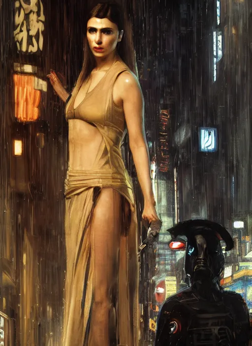 Prompt: blade runner confronts replicant android ( blade runner 2 0 4 9, cyberpunk 2 0 7 7 character design ). orientalist portrait by john william waterhouse and james gurney and theodore ralli and nasreddine dinet, oil on canvas. cinematic, hyper realism, realistic proportions, dramatic lighting, high detail 4 k