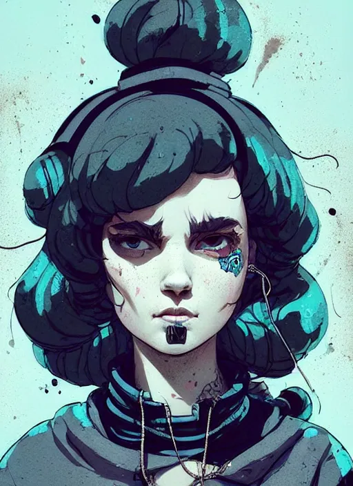 Prompt: highly detailed portrait of a sewer punk lady, tartan hoody, ringlet hair by atey ghailan, by greg rutkowski, by greg tocchini, by james gilleard, by joe fenton, by kaethe butcher, gradient light blue, black, cream and white color scheme, grunge aesthetic!!! ( ( graffiti tag wall background ) )