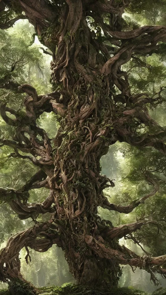 Prompt: a massive tree, huge twisted trunk, gigantic roots, intricate branches with tiny leaves, elegant, ornate, fantasy, magical, epic scale, matte painting, cinematic, tropical forest, lush, trending on artstation, inspired by james cameron movies, painted by craig mullins and john singer sargent