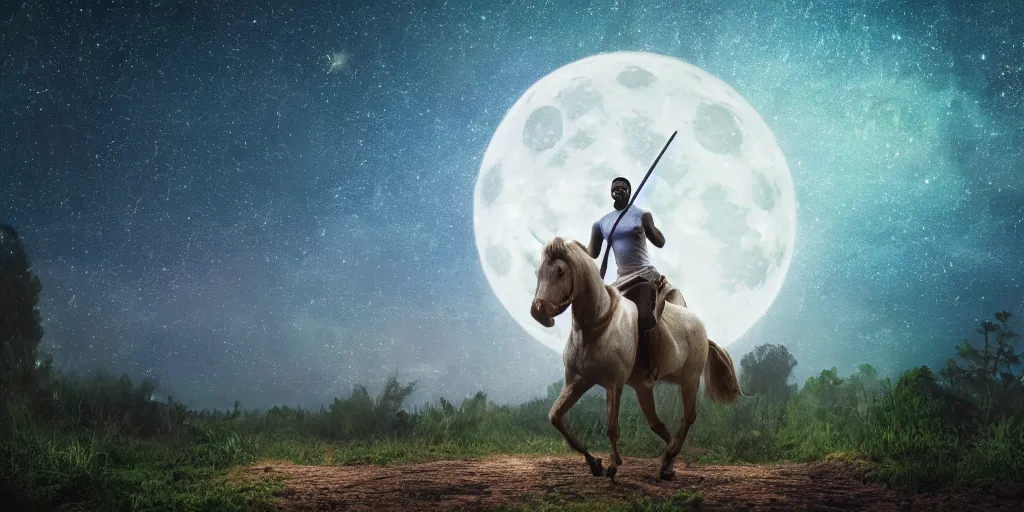 Prompt: morgan freeman riding an unicorn, in the middle of a forest, in the moonlight, night realism, 4 k, octane render, award winning photograph