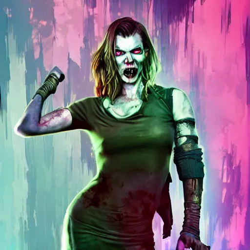 Image similar to angry zombie full body portrait of milla jovovich in an urban szene, grimdark horror, stylized digital illustration, radiating a glowing aura, global illumination, ray tracing, hdr, fanart arstation by ian pesty and katarzyna bek - chmiel