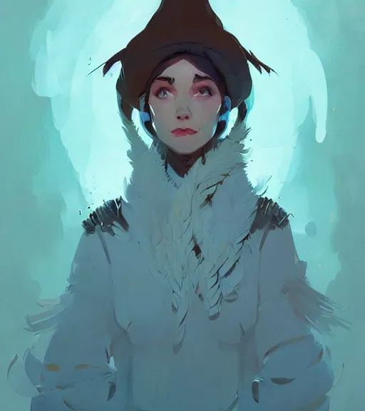 Image similar to portrait of mage with coat made of feathers, dnd character, by atey ghailan, by greg rutkowski, by greg tocchini, by james gilleard, by joe fenton, by kaethe butcher, dynamic lighting, gradient light blue, brown, blonde cream and white color scheme, grunge aesthetic