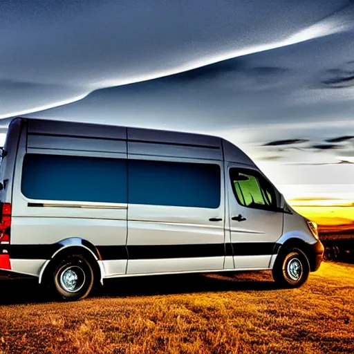 Image similar to a sprinter van in central oregon at sunset