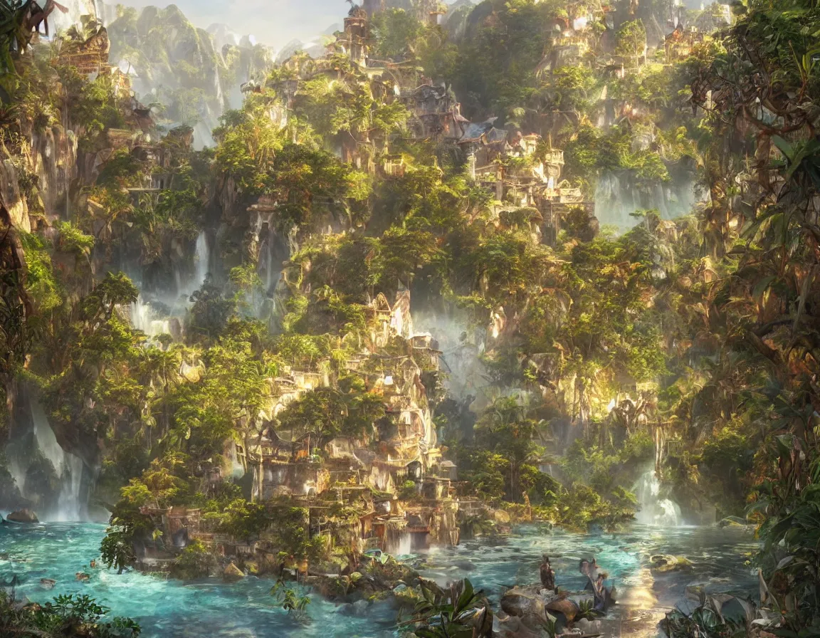 Image similar to ultra realistic illustration of magical shangri - la island, in the land of eden, hd, hdr, cinematic 8 k, ultra detailed, high resolution, smooth, sharp focus, illustration, art by artgerm and greg rutkowski and alphonse mucha