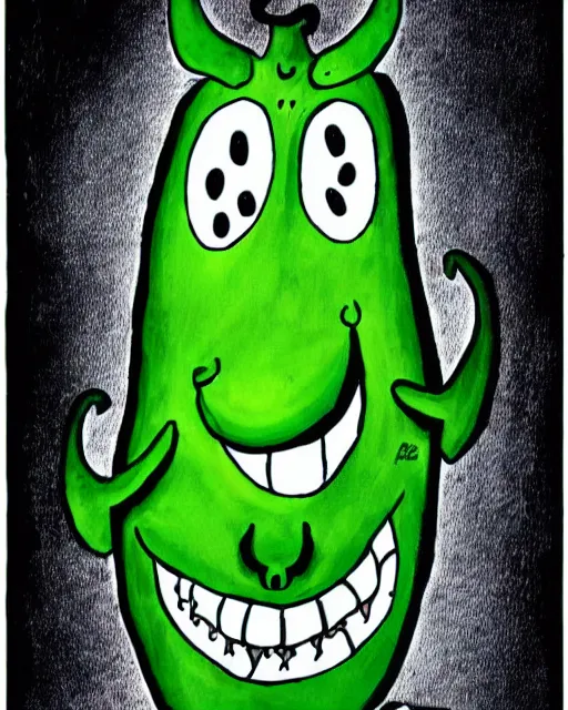 Image similar to a green devil with sad expression by tim burton