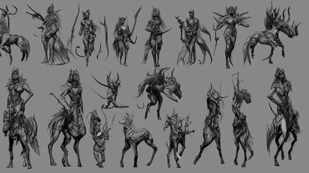 Image similar to a fantasy centaur warlock creature design sheet, trending on artstation