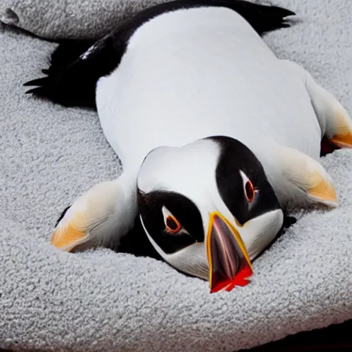 Prompt: puffin sleeping in an oversized bed