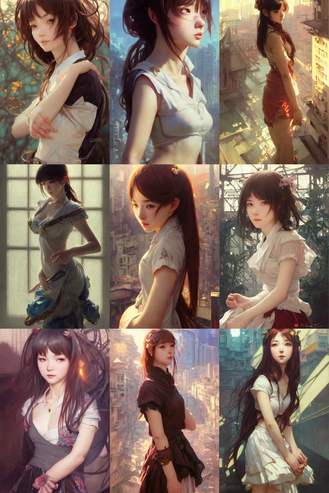 Prompt: ultra realistic beautiful kowloon techno art, beautiful alluring schoolgirl, gorgeous face and figure, art by krenz cushart, artgerm, greg rutkowski, wlop, yuxiang chen, alphonse mucha, intricate, elegant, highly detailed, digital art, artstation, concept art, smooth, sharp focus, illustration, beautiful sunlight and shadows