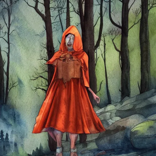 Prompt: Little Orange Riding Hood wear a dress in the valley, dark ambient beautiful. neoplasticism, 8k resolution. road into the forest with a lake, watercolor, detailed painting, trending on Artstation